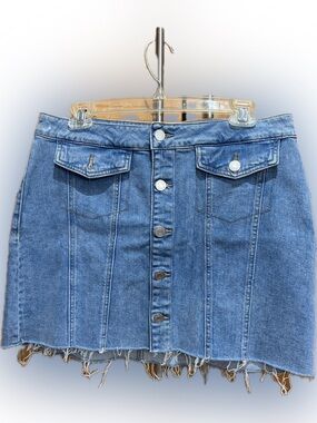 Garage Blue Denim Button-Front Mini Skirt with Frayed Hem L
